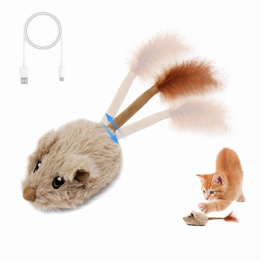 Beige Interactive Cat Toy Squeaky Moving Mouse with Dynamic Wiggling Tail, USB Rechargeable Automatic Self-Play Mouse for Indoor Cats and Kittens, Electric Motion-Activated Pet Toy
