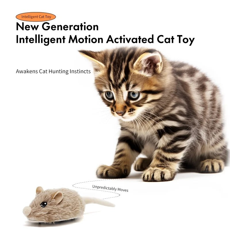 Beige Interactive Cat Toy Squeaky Moving Mouse with Dynamic Wiggling Tail, USB Rechargeable Automatic Self-Play Mouse for Indoor Cats and Kittens, Electric Motion-Activated Pet Toy
