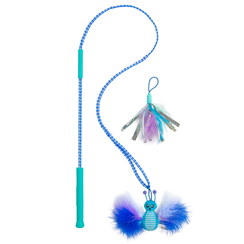 Blue Interactive Cat Wand Toy with Feathered Catnip Teasers, Crinkle Sounds & Durable Rope for Indoor Cats