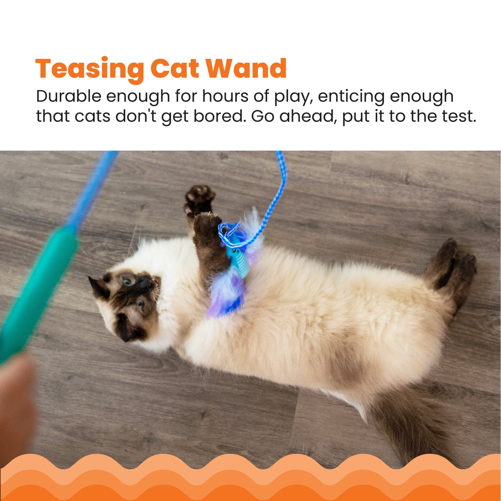 Blue Interactive Cat Wand Toy with Feathered Catnip Teasers, Crinkle Sounds & Durable Rope for Indoor Cats