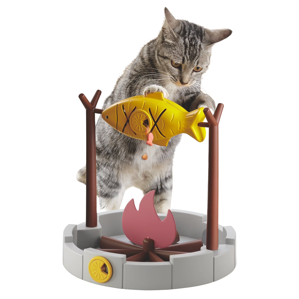 Interactive Cat Treat-Dispensing Puzzle Toy, Rotating Grilled Fish Design for Indoor Cats