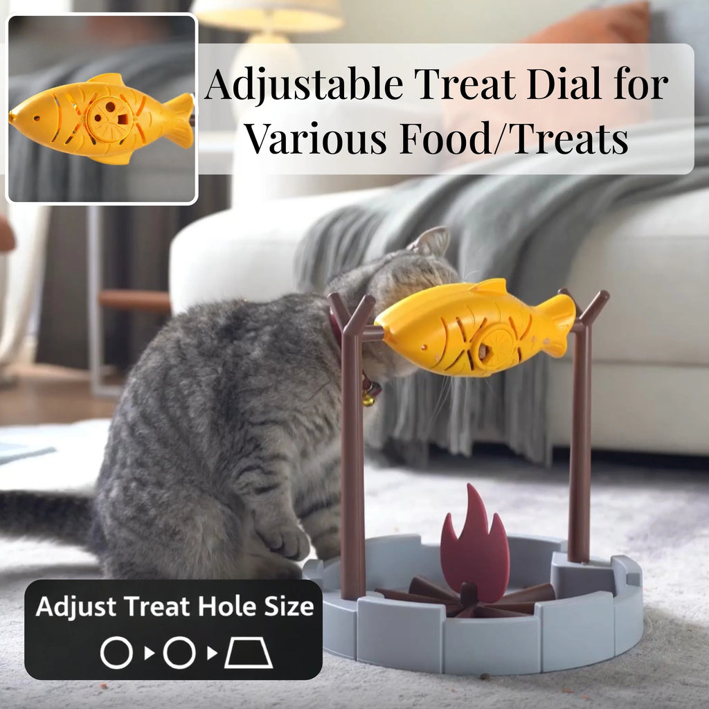 Interactive Cat Treat-Dispensing Puzzle Toy, Rotating Grilled Fish Design for Indoor Cats