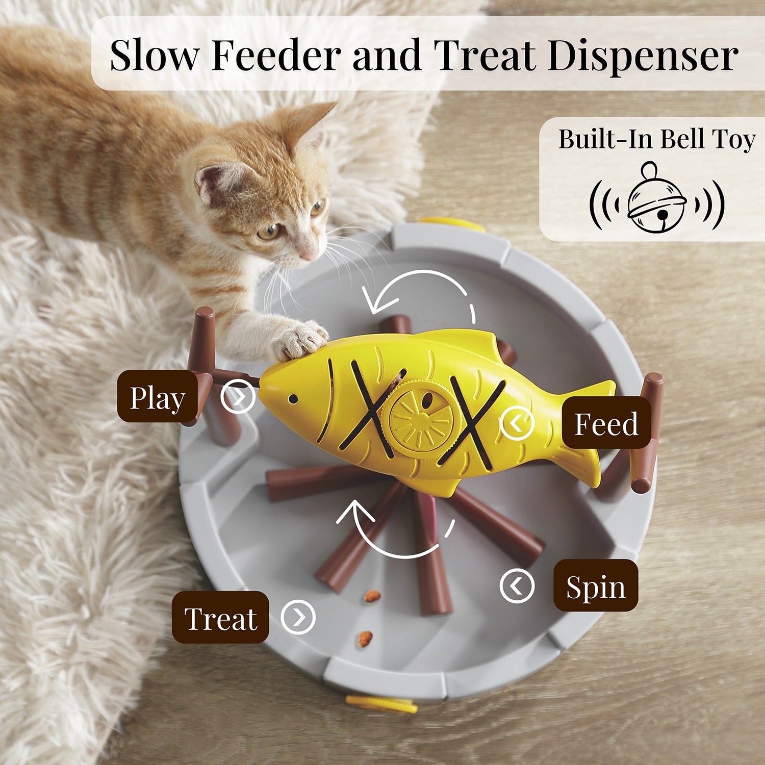 Interactive Cat Treat-Dispensing Puzzle Toy, Rotating Grilled Fish Design for Indoor Cats