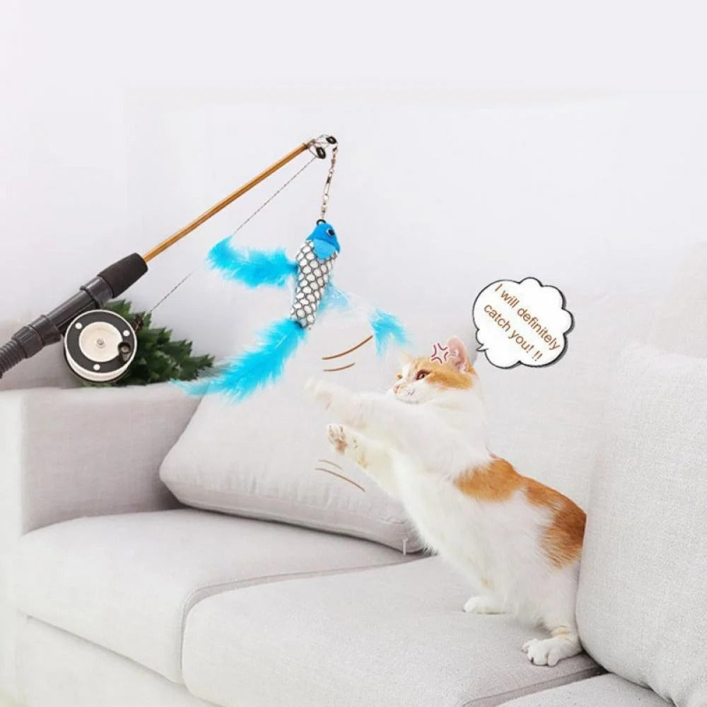 Interactive Cat Feather Wand Toy with Fish-Shaped Teaser, Telescopic Fishing Rod Design, Random Color