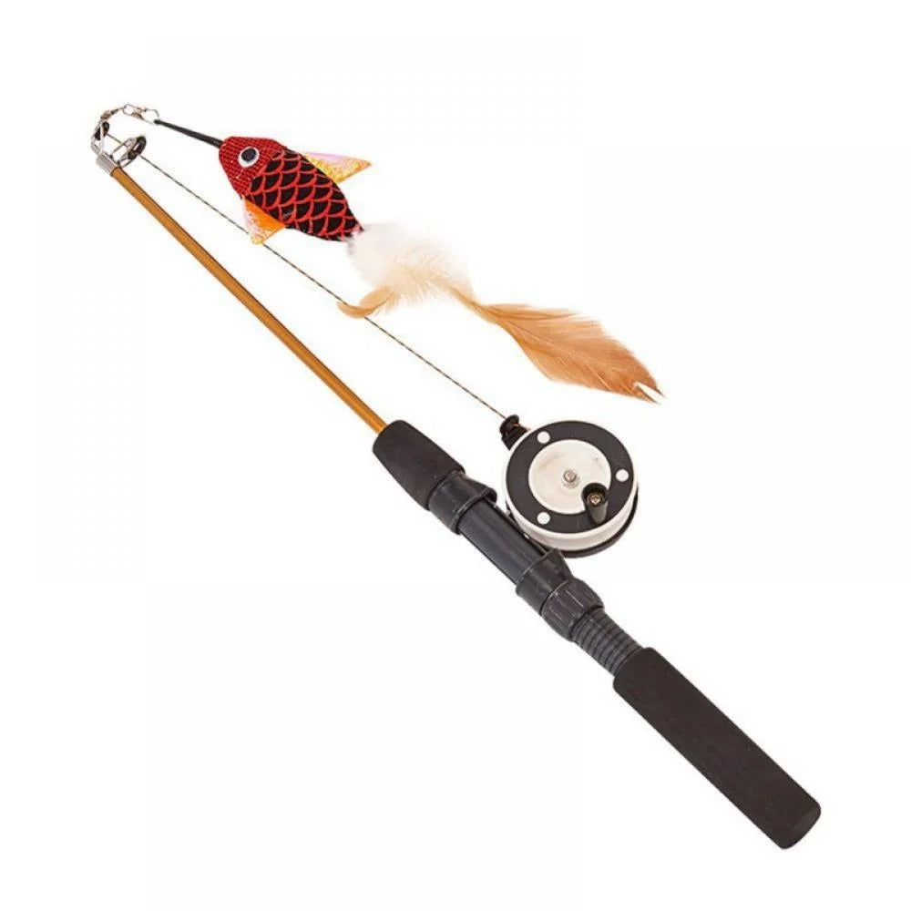 Interactive Cat Feather Wand Toy with Fish-Shaped Teaser, Telescopic Fishing Rod Design, Random Color