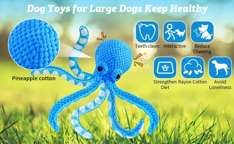 Giant Blue Octopus Interactive Plush Dog Toy with Squeaker, Durable Musical Note Design Chew Toy for Large Dogs