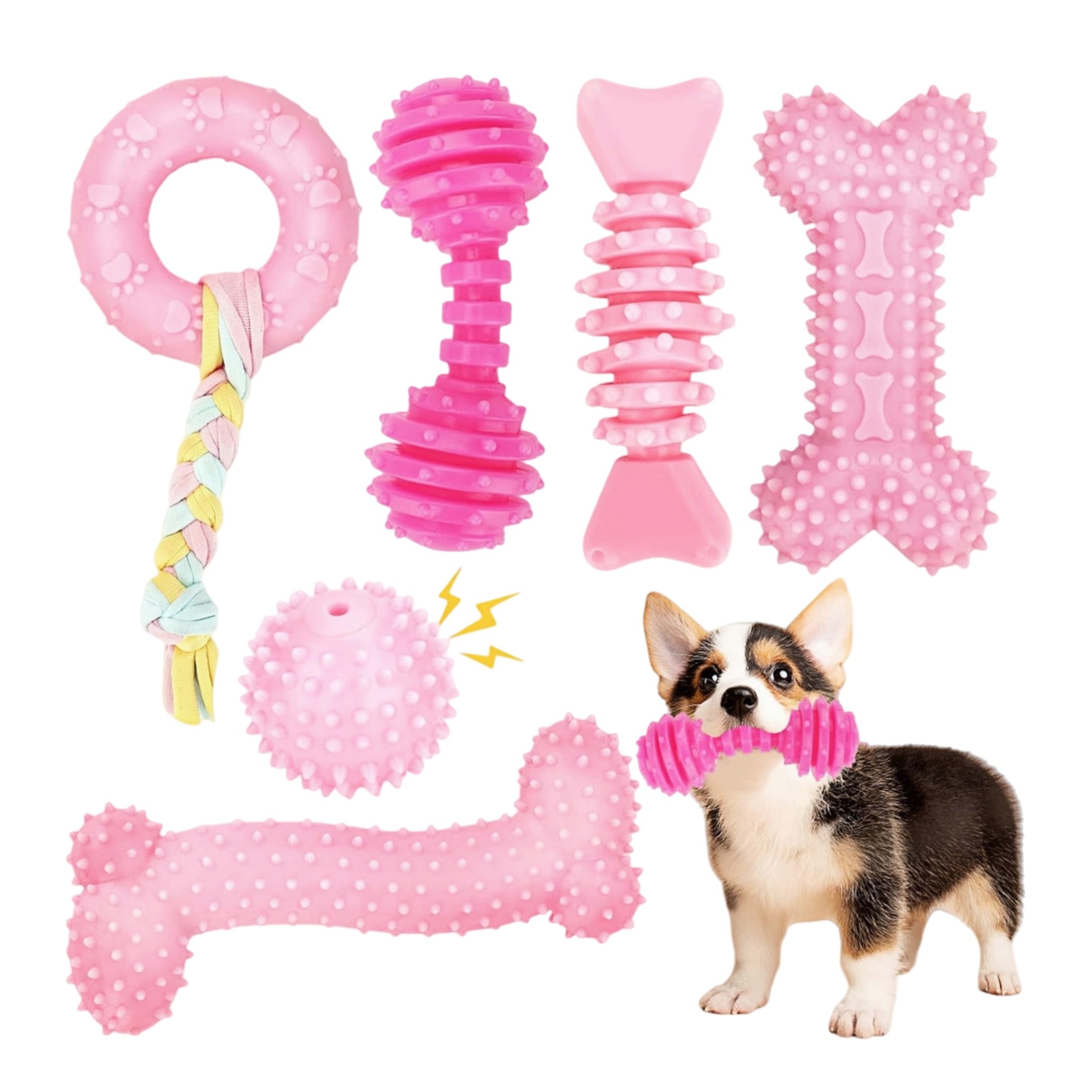 Pink Puppy Chew Toys 6 Pack for Small Dogs Soft Durable Interactive Teething Set