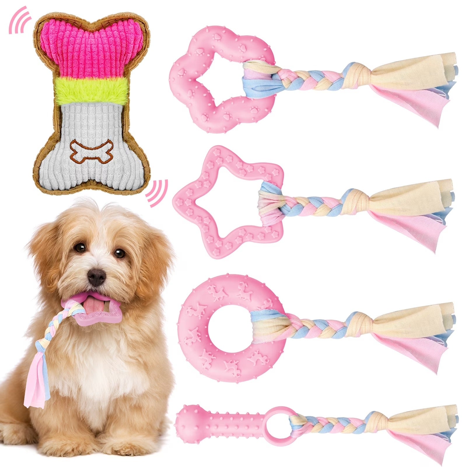 Pink 5 Pack Puppy Chew Toys for Small Dogs Interactive Teething Rubber and Plush Squeaky Dog Toy Set