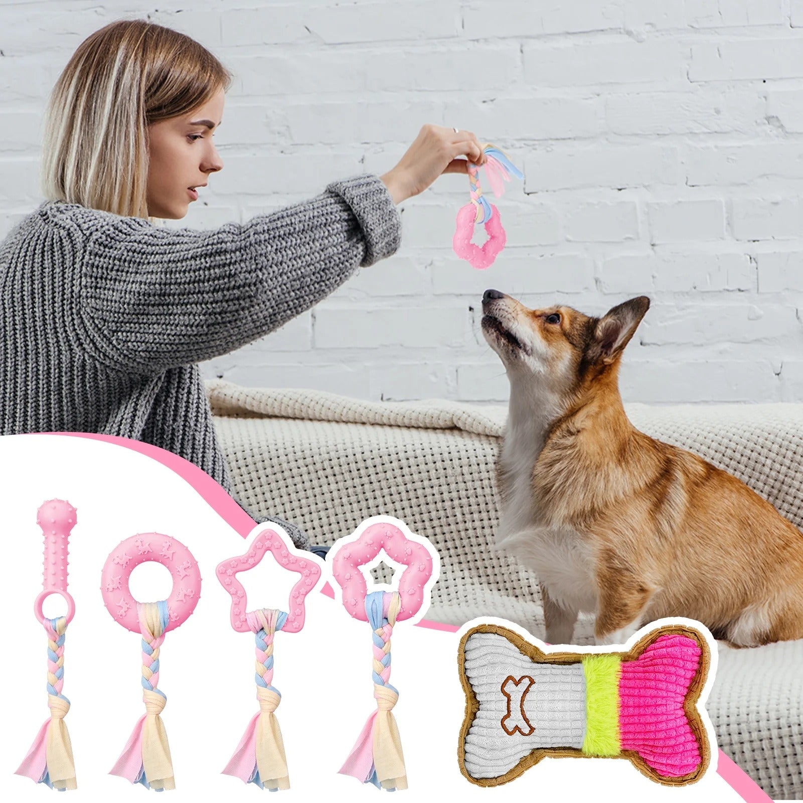 Pink 5 Pack Puppy Chew Toys for Small Dogs Interactive Teething Rubber and Plush Squeaky Dog Toy Set