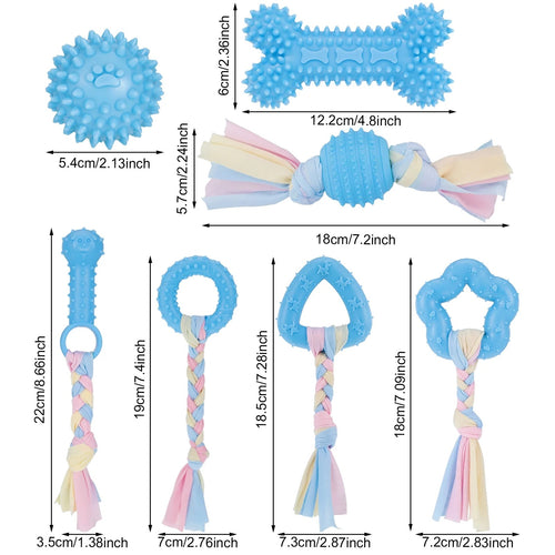 Blue 7 Pack Puppy Chew Toys for Small Dogs Interactive Teething and Gum Massage Rubber and Rope Set
