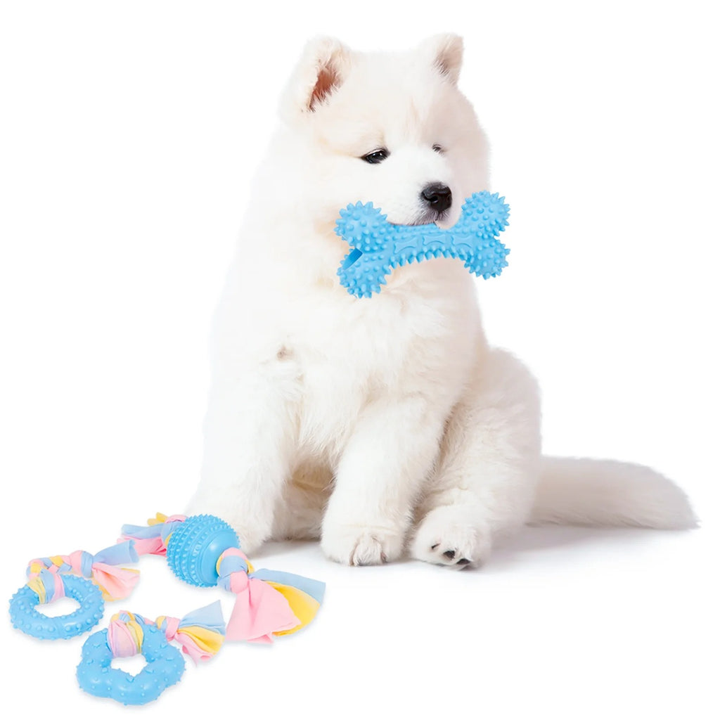 Blue 7 Pack Puppy Chew Toys for Small Dogs Interactive Teething and Gum Massage Rubber and Rope Set