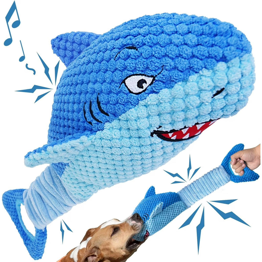 Blue Shark Plush Dog Toy for Large Dogs Interactive Squeaky Chew Toy for Teething Puppies and Aggressive Chewers