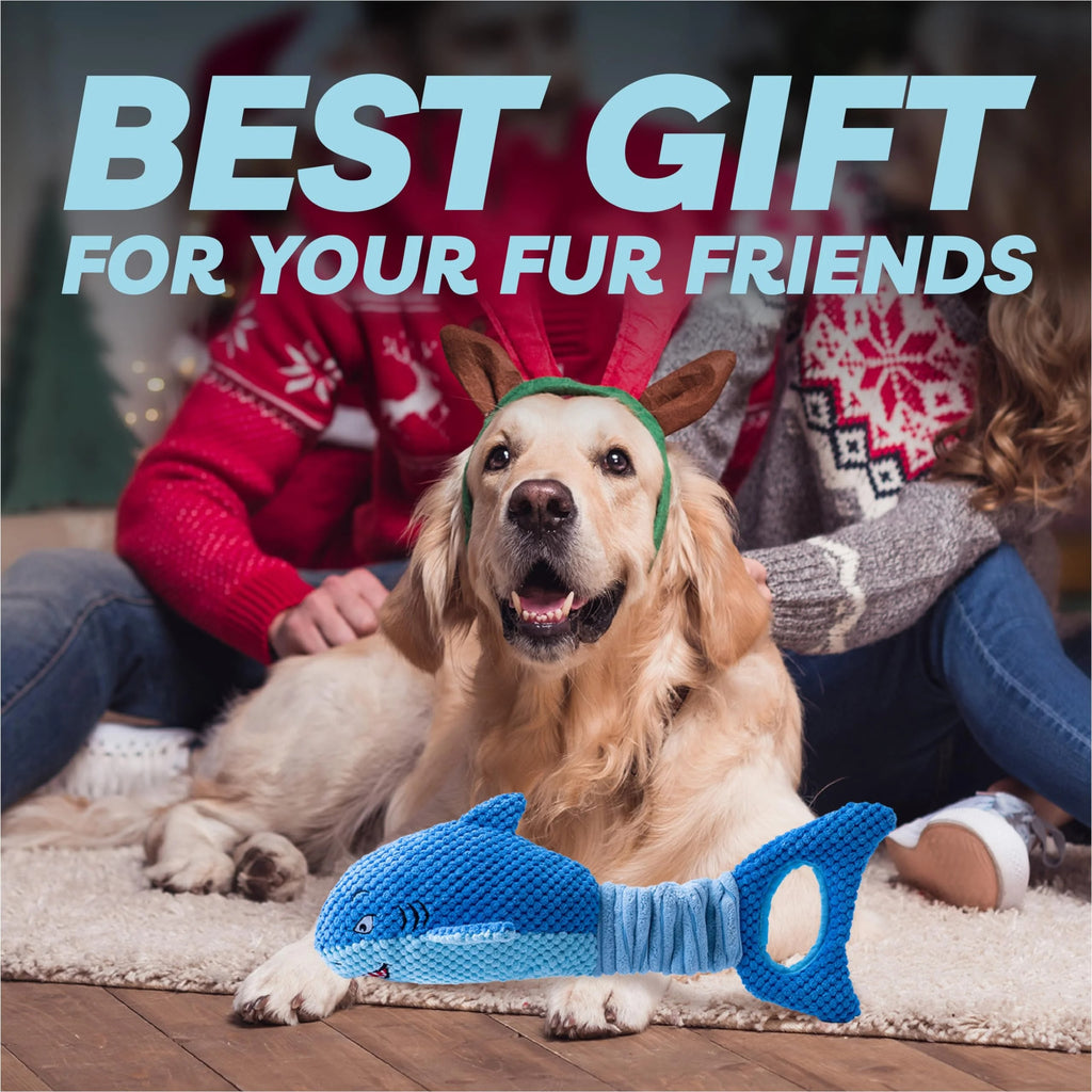 Blue Shark Plush Dog Toy for Large Dogs Interactive Squeaky Chew Toy for Teething Puppies and Aggressive Chewers