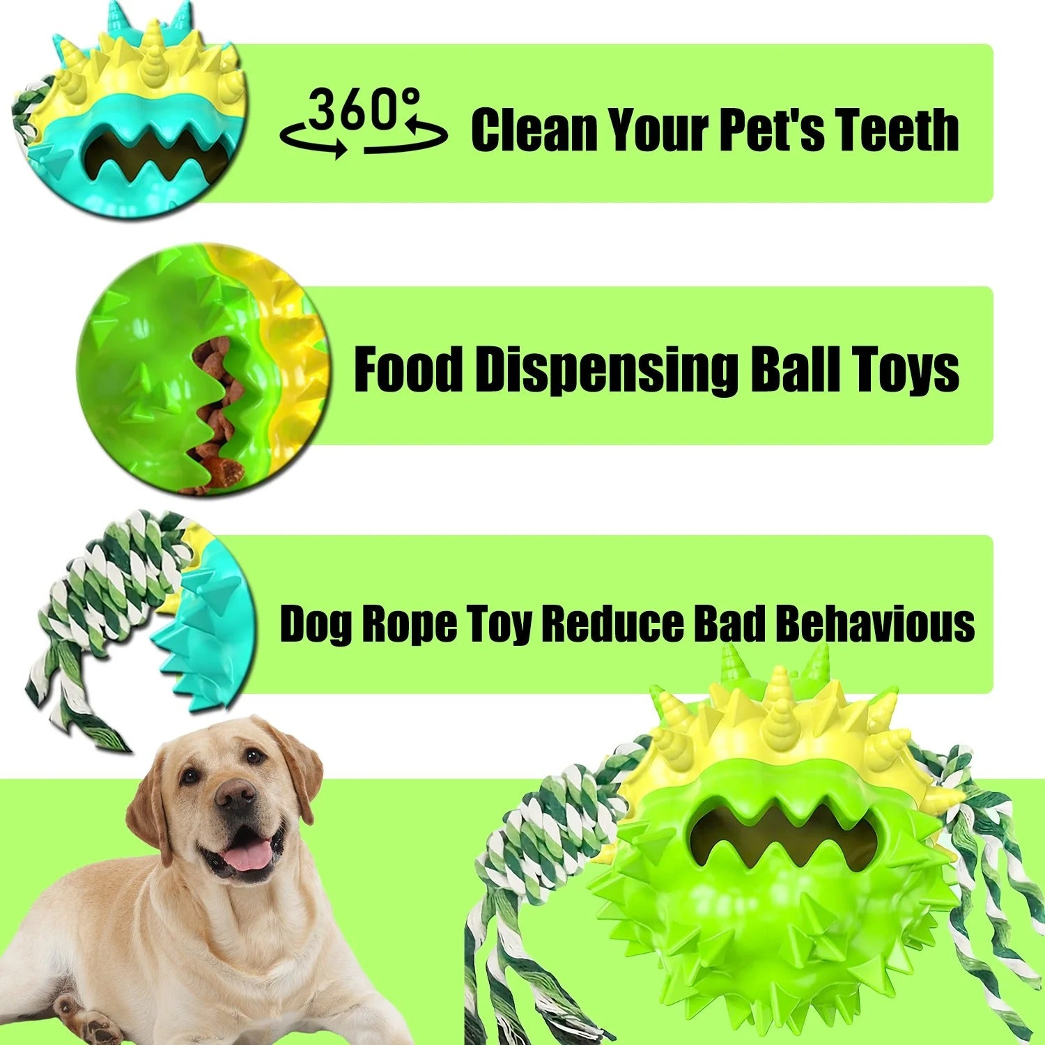 Green Dog Chew Ball for Aggressive Chewers Interactive Teething and Squeaky Toy for Small Medium Large Dogs