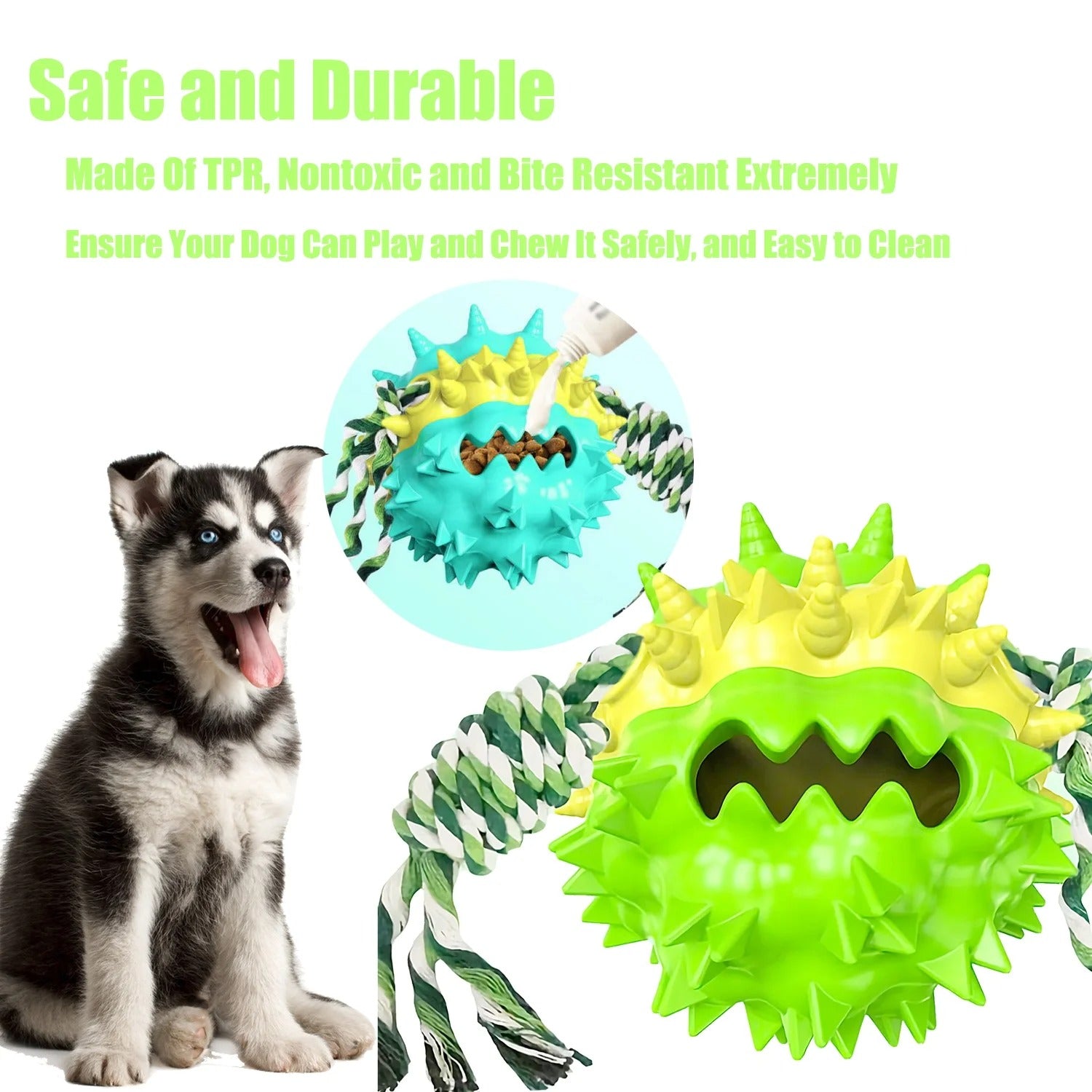 Green Dog Chew Ball for Aggressive Chewers Interactive Teething and Squeaky Toy for Small Medium Large Dogs