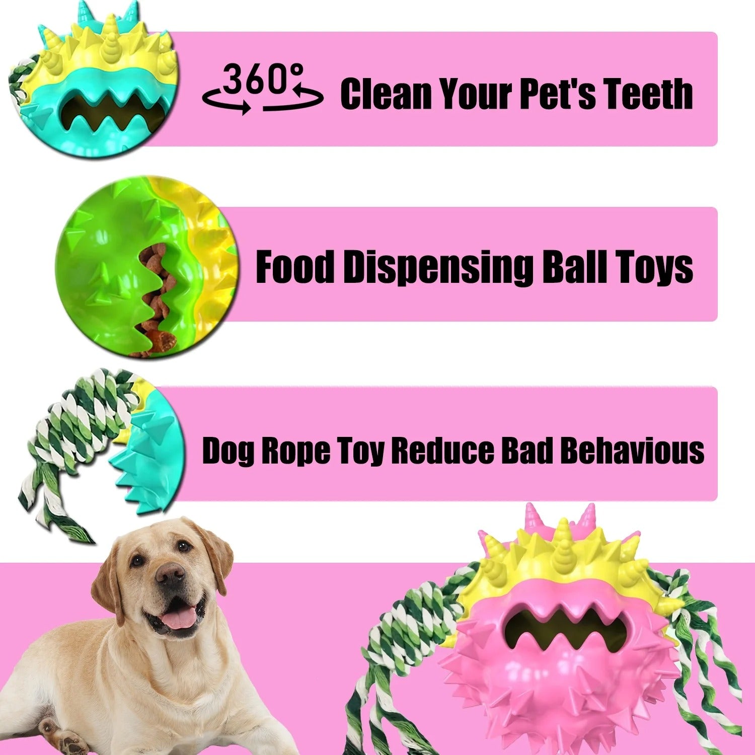 Pink Dog Chew Ball for Aggressive Chewers Interactive Teething and Squeaky Toy for Small Medium Large Dogs