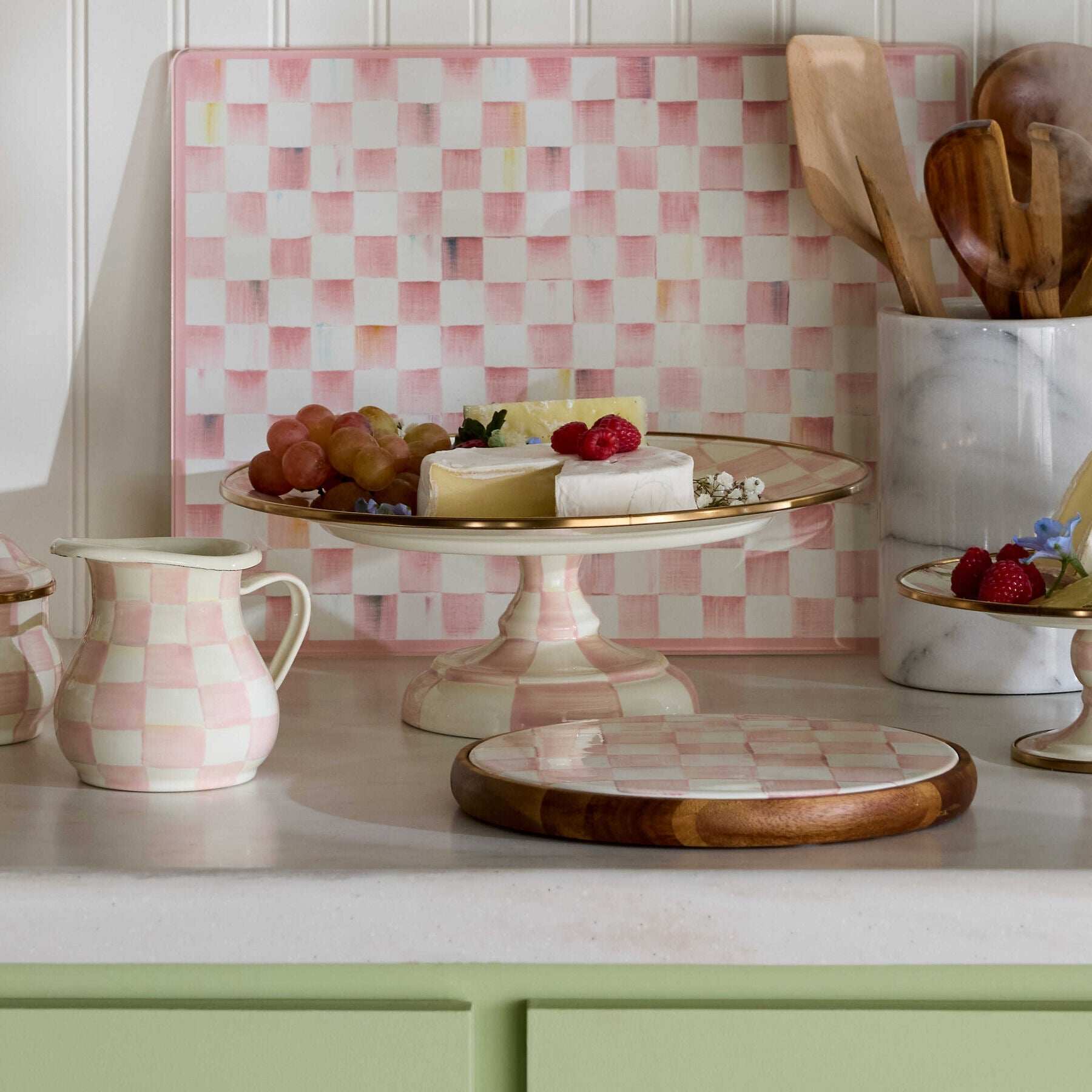 MacKenzie-Childs Rosy Check Small Pedestal Platter