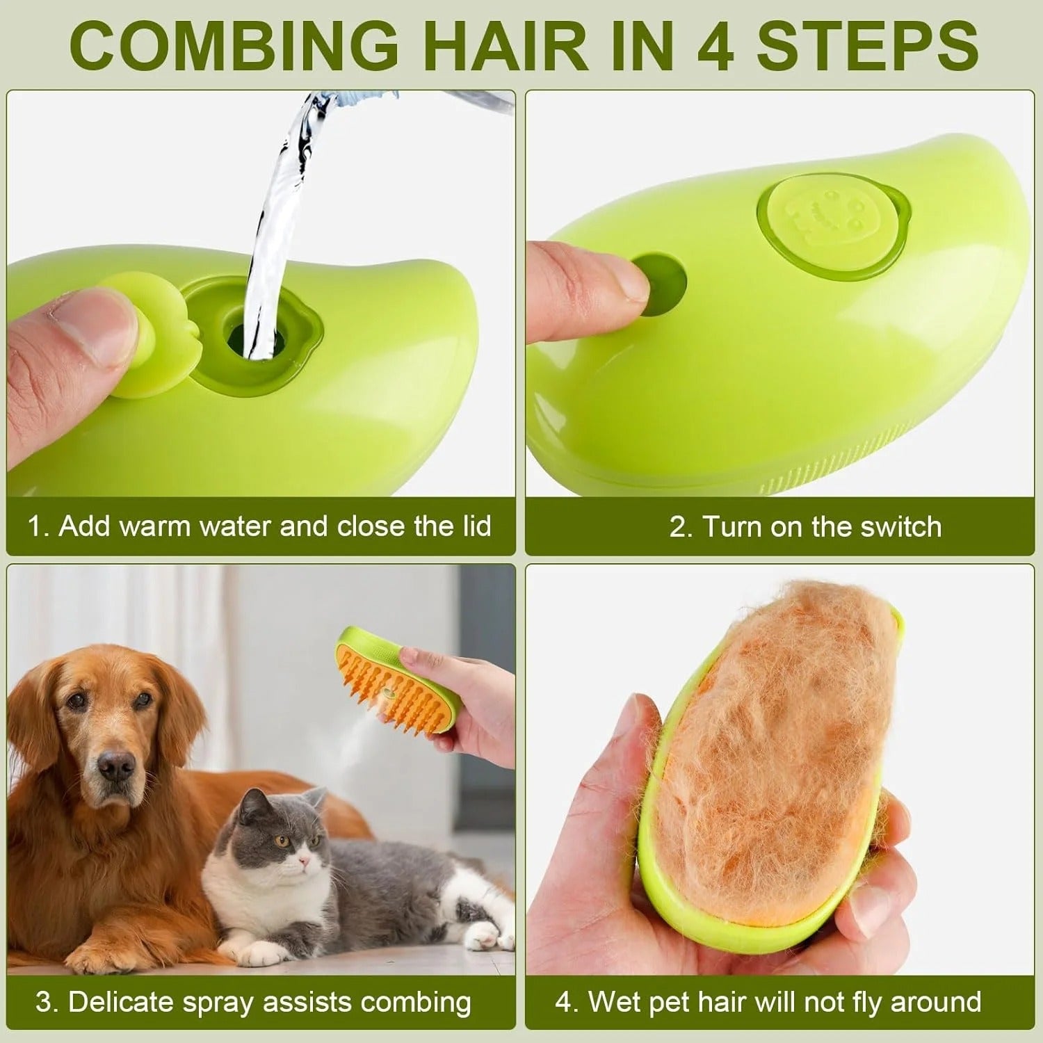 3-in-1 Steam Cat Grooming Brush, Self-Cleaning Pet Hair Removal Tool, Multifunctional Cat and Dog Massaging Hair Comb