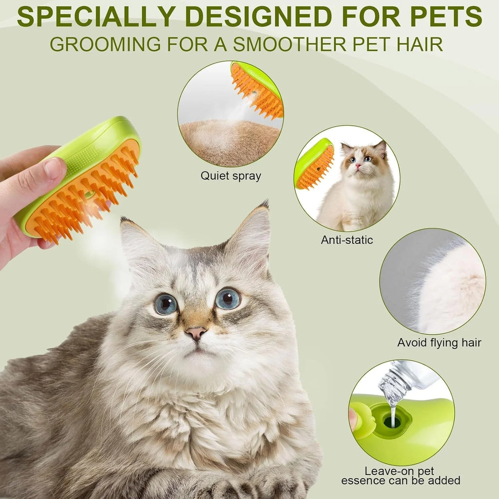 3-in-1 Steam Cat Grooming Brush, Self-Cleaning Pet Hair Removal Tool, Multifunctional Cat and Dog Massaging Hair Comb