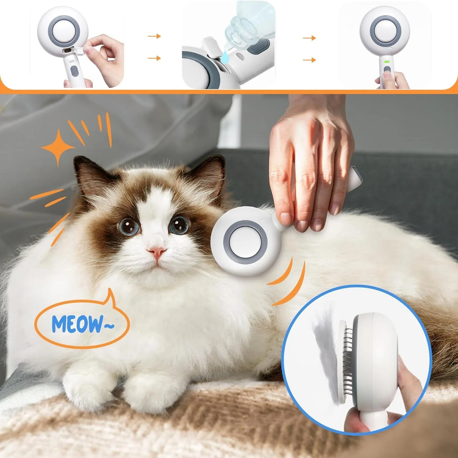 3-in-1 Cat Steam Brush, Self-Cleaning Hair Removal Grooming Brush with Steam Spray for Cats and Dogs