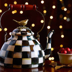 Iconic Black & White Courtly Check Enamel Tea Kettle with Bird 2.84L