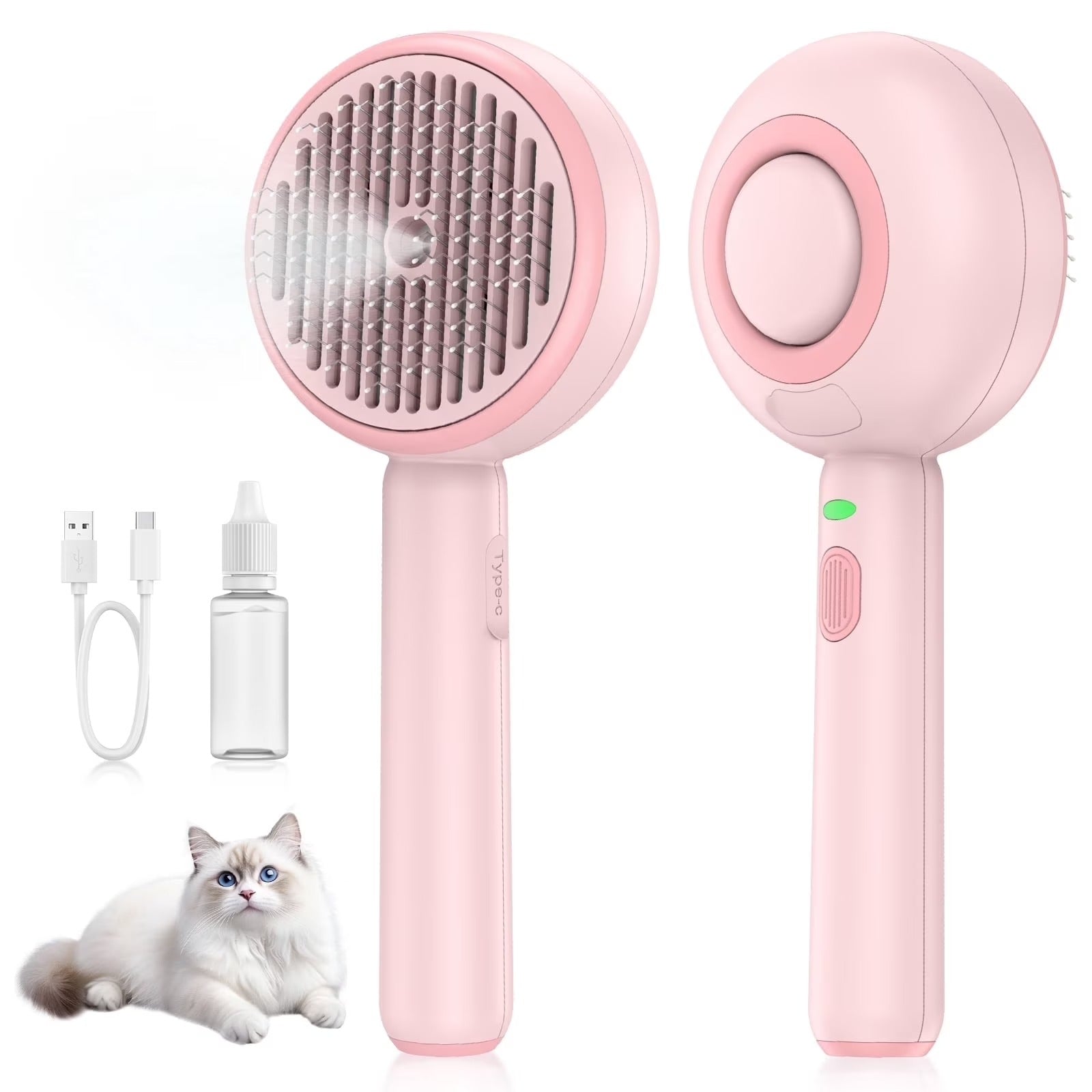 3-in-1 Cat Steam Brush for Grooming, Self-Cleaning Hair Removal Brush with Steam Spray for Cats and Dogs - Pink