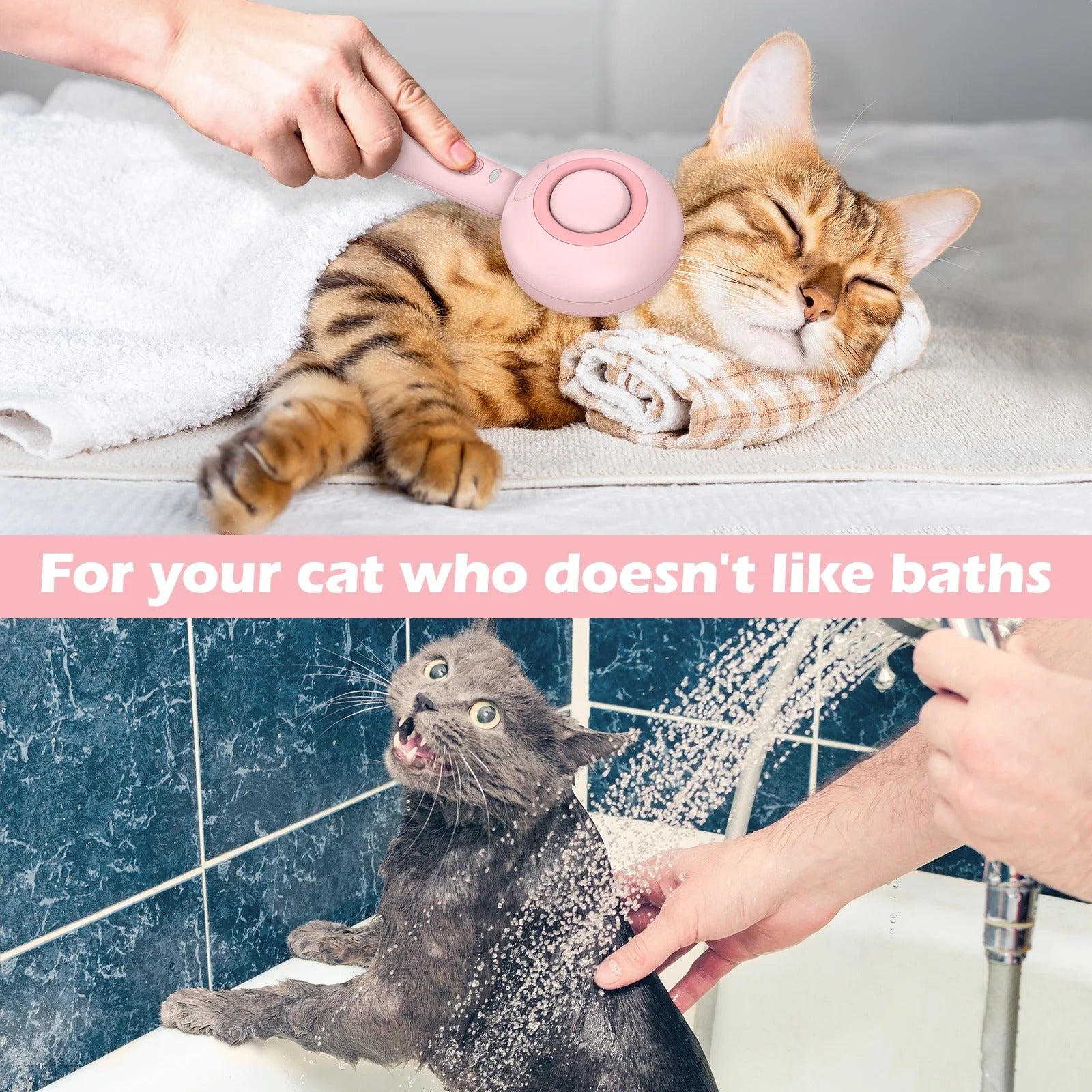 3-in-1 Cat Steam Brush for Grooming, Self-Cleaning Hair Removal Brush with Steam Spray for Cats and Dogs - Pink
