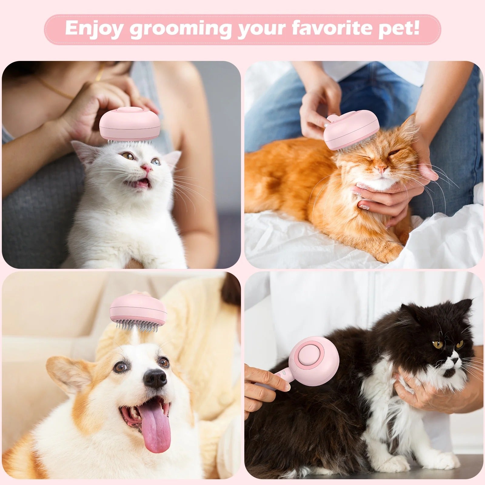 3-in-1 Cat Steam Brush for Grooming, Self-Cleaning Hair Removal Brush with Steam Spray for Cats and Dogs - Pink