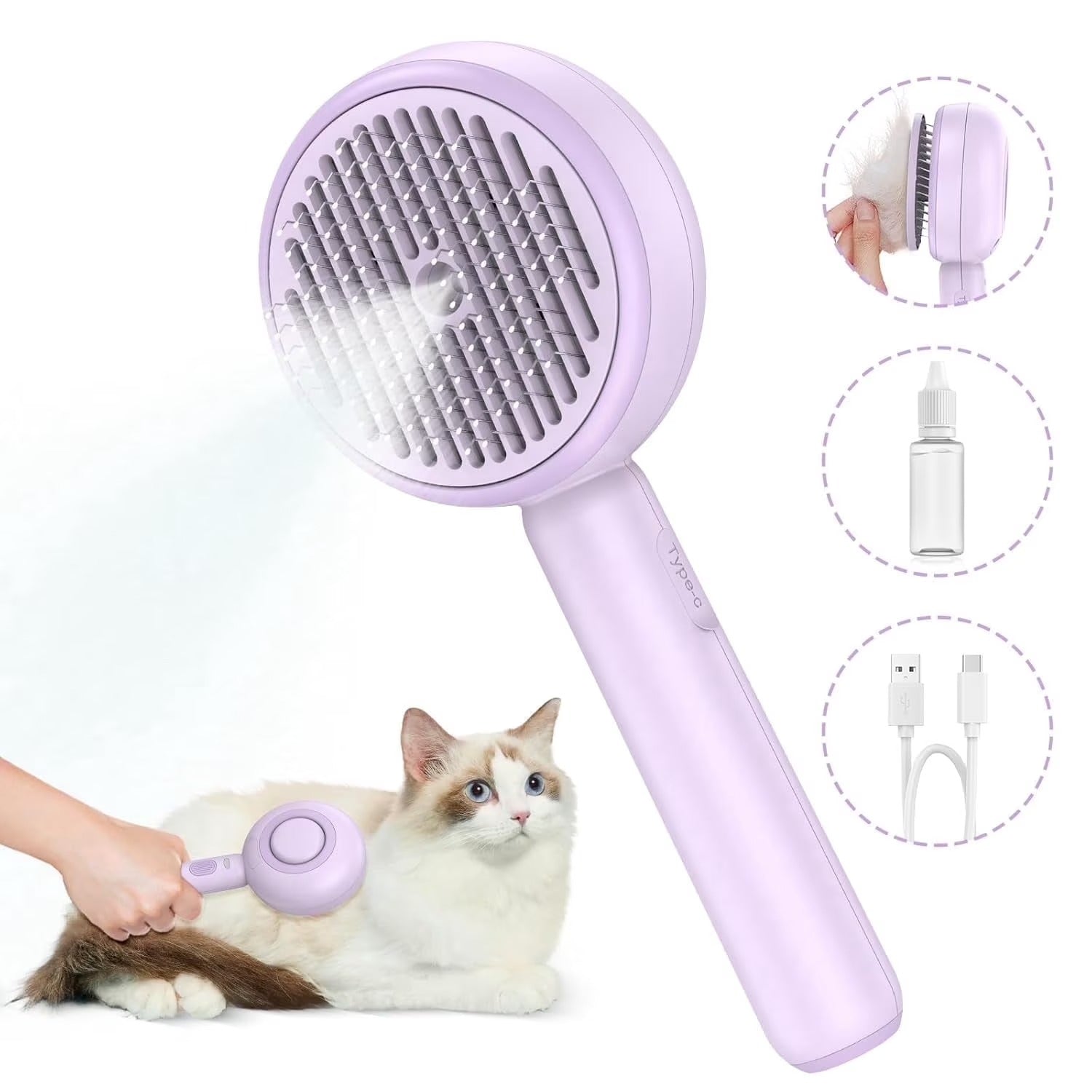 3-in-1 Cat Steam Brush with One-Click Hair Release and Water Tank for Cats and Dogs, Long and Short Hair Grooming, Purple