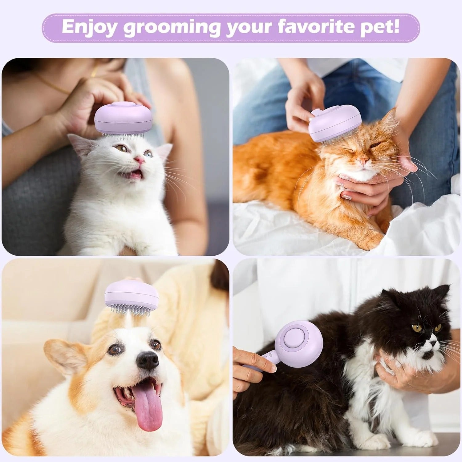 3-in-1 Cat Steam Brush with One-Click Hair Release and Water Tank for Cats and Dogs, Long and Short Hair Grooming, Purple