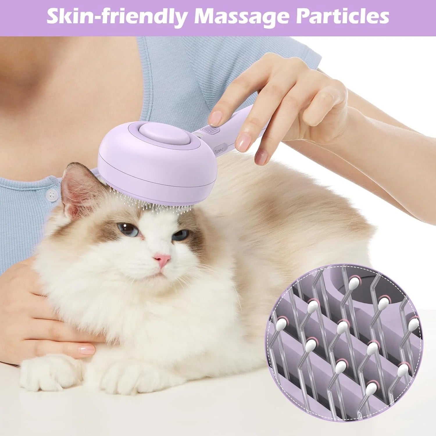 3-in-1 Cat Steam Brush with One-Click Hair Release and Water Tank for Cats and Dogs, Long and Short Hair Grooming, Purple