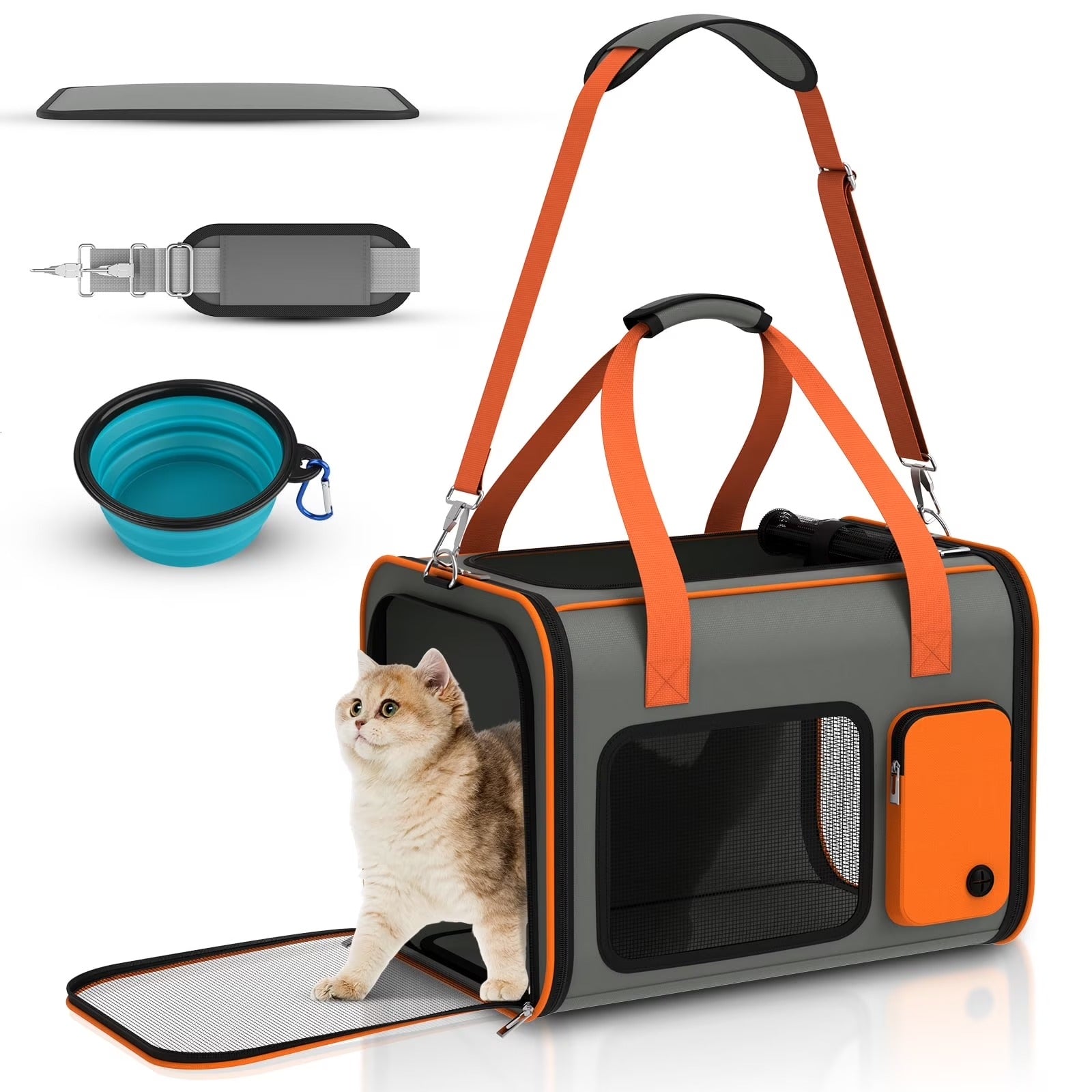 Soft Sided Cat Carrier for Travel, Large Pet Carrier for Small Cats and Dogs up to 20lbs with Removable Mat, Comfortable Travel Bag for Indoor and Outdoor Adventures (Orange)