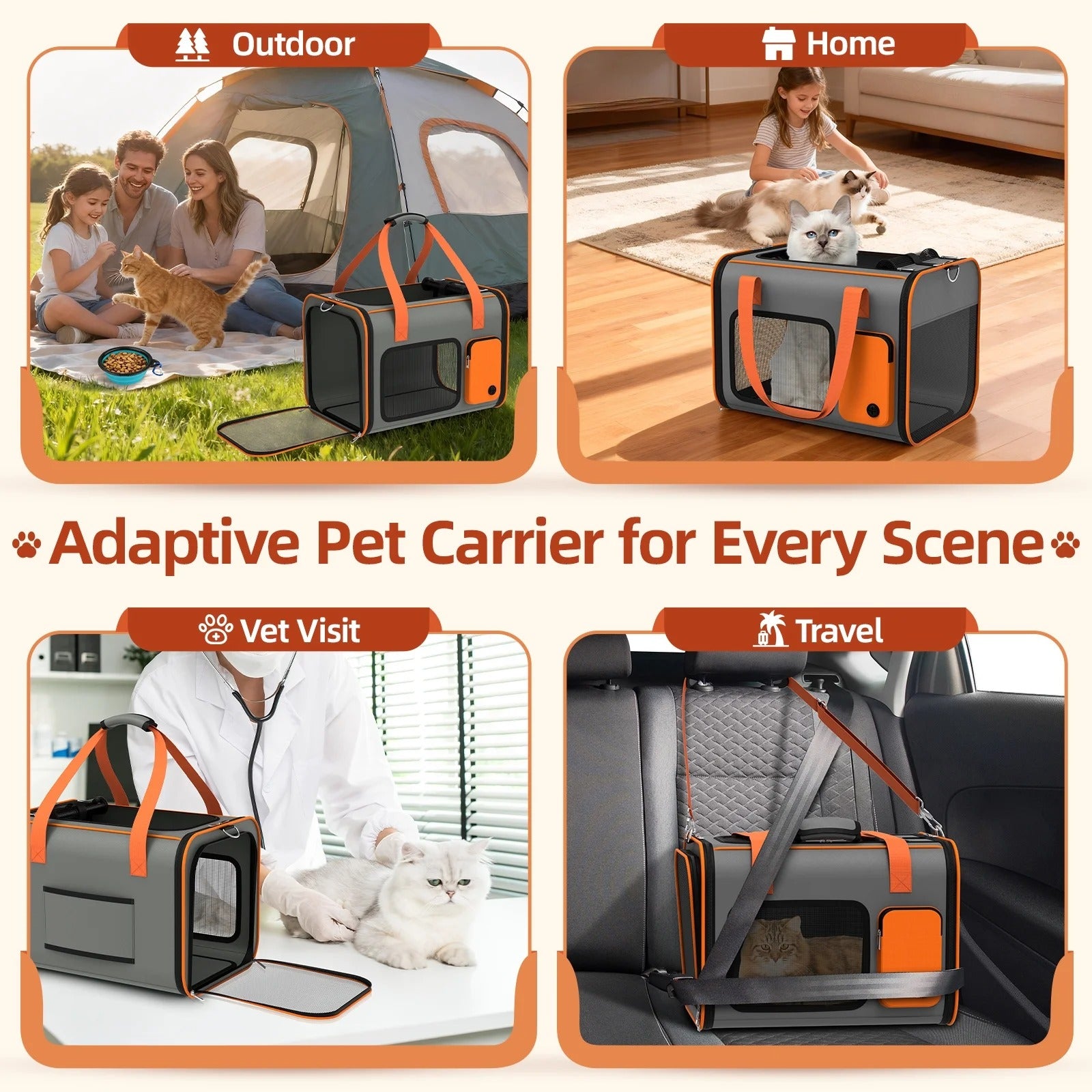 Soft Sided Cat Carrier for Travel, Large Pet Carrier for Small Cats and Dogs up to 20lbs with Removable Mat, Comfortable Travel Bag for Indoor and Outdoor Adventures (Orange)