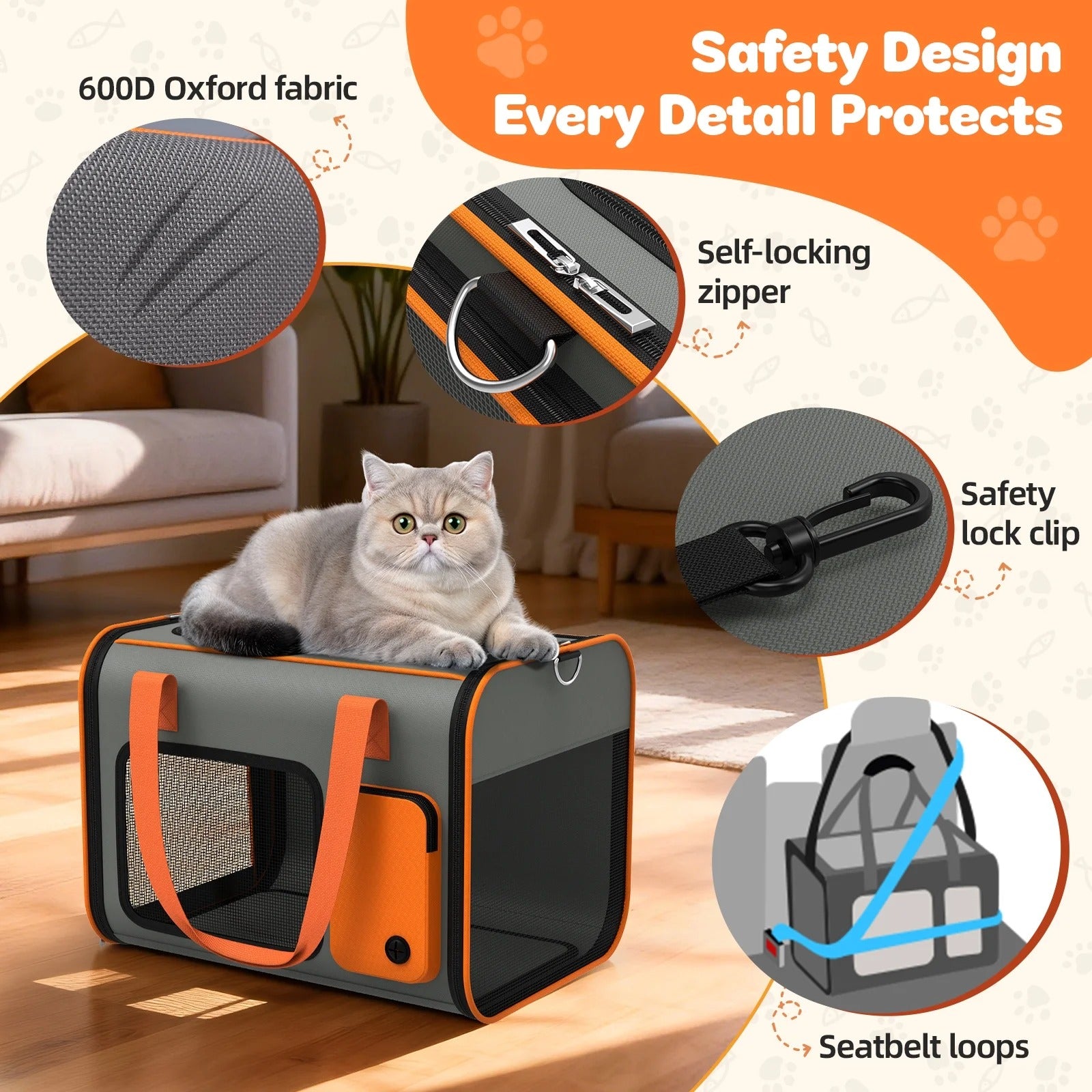 Soft Sided Cat Carrier for Travel, Large Pet Carrier for Small Cats and Dogs up to 20lbs with Removable Mat, Comfortable Travel Bag for Indoor and Outdoor Adventures (Orange)
